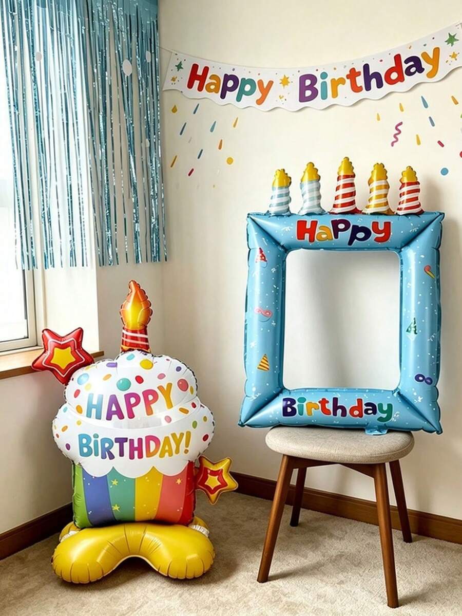2pcs Blue Happy Birthday Print Colorful Candles Birthday Cake Photo Frame Balloon Base Birthday Cake Balloon Set Suitable For Birthday Party Decoration Props - Blue Candle Cake Photo Frame - View 1