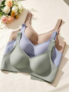 3件組極簡舒適女款運動內衣，防下垂純色無鋼圈胸罩 - 彩色 - 查看 2