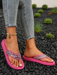 Women's Fuchsia Rhinestone Wave Pattern Thong Sandals, Full Rhinestone Toe Strap Beach Slippers, Summer Outdoor Anti-Slip Flat Slides - Hot Pink - View 2