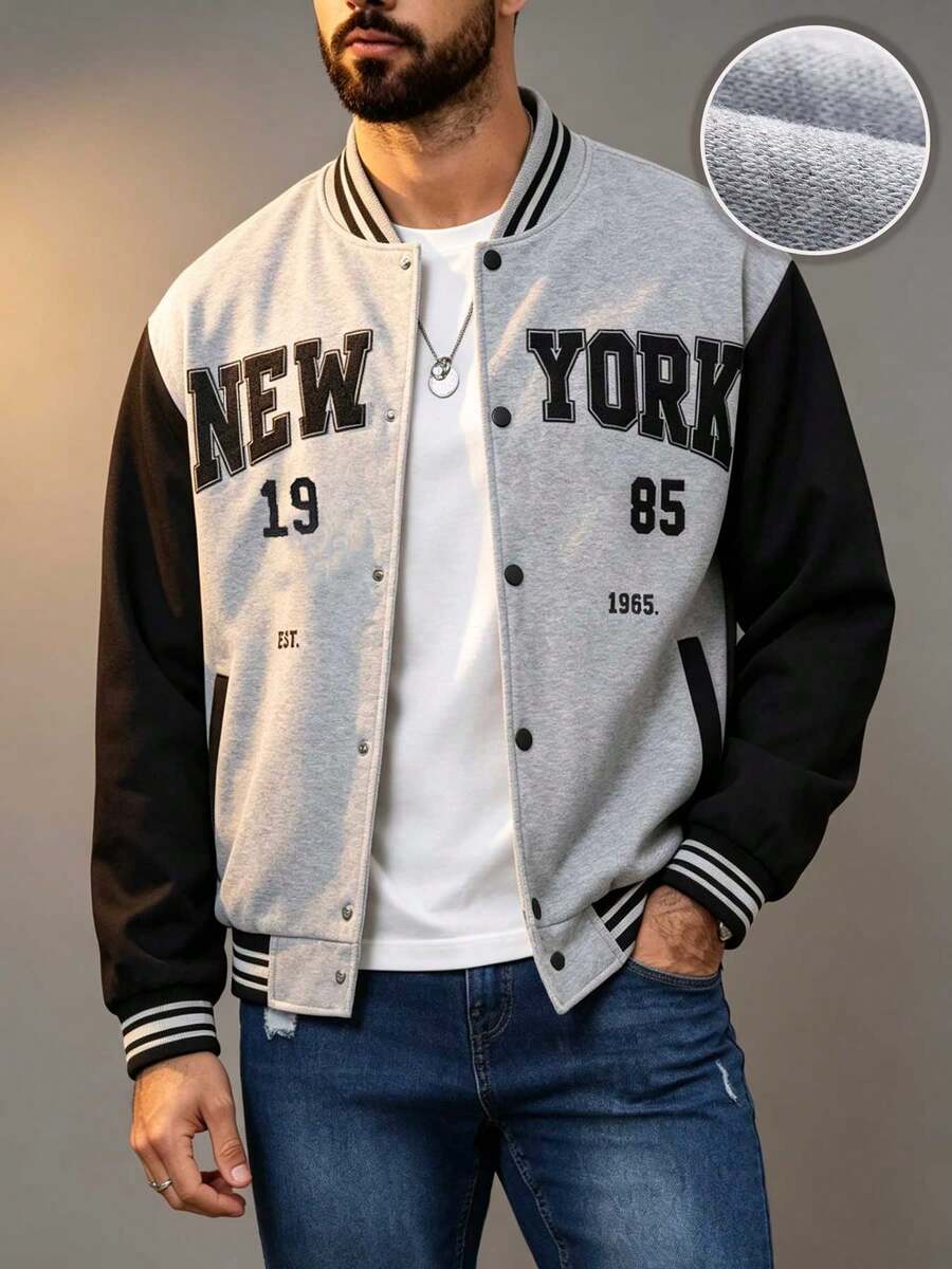 Men's Grey Color Block Varsity Jacket, NEW YORK Letter Print Striped Rib Cuff Button Front Loose Retro Outerwear, Versatile Stylish Casual Sportswear Suitable For Men's Daily And Autumn/Winter Outdoor Sports - Light Grey - View 1