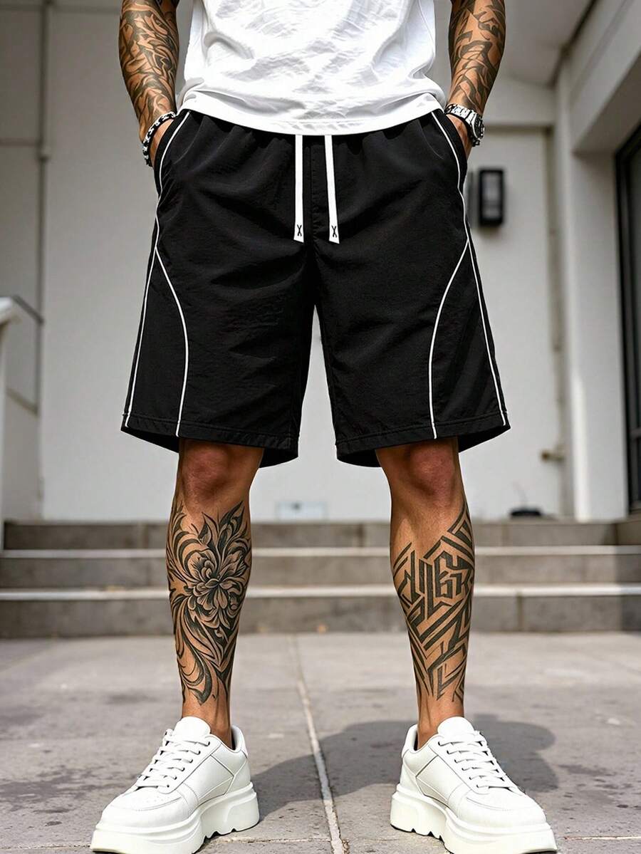 Men's Plus Size Summer Casual Sports Drawstring Waist Shorts - Black - View 1