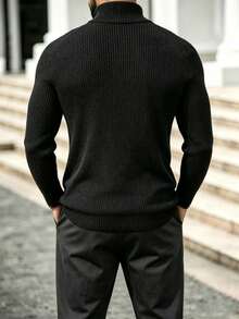 Men's Autumn/Winter Minimalist Solid Color Fashion Casual Half-Zip Turn-Down Collar Long Sleeve Sweater - Black - View 3