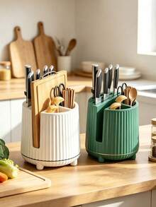 1pc Squishy Rounded Rotating Knife Rack, Neutral Solid‑Color Sturdy Plastic, Minimalist All‑Season Style For Adults, Countertop Kitchen Use, Draining Shelf For Knives Chopsticks Cutting‑Boards, Utensil‑Organizer, Stable Counter‑Top Kitchen‑Gadget - Multicolor - View 2