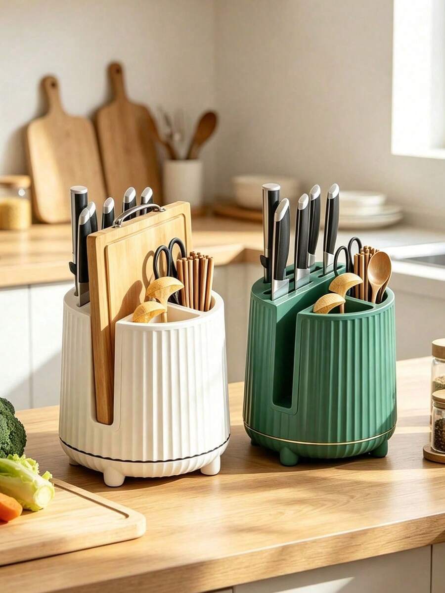 1pc Squishy Rounded Rotating Knife Rack, Neutral Solid‑Color Sturdy Plastic, Minimalist All‑Season Style For Adults, Countertop Kitchen Use, Draining Shelf For Knives Chopsticks Cutting‑Boards, Utensil‑Organizer, Stable Counter‑Top Kitchen‑Gadget