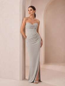 VIPGIRL Elegant Women's Strapless Backless Maxi Dress, Slit Design, Zipper Style, Suitable For Party Or Formal Occasions - Light Grey - View 1