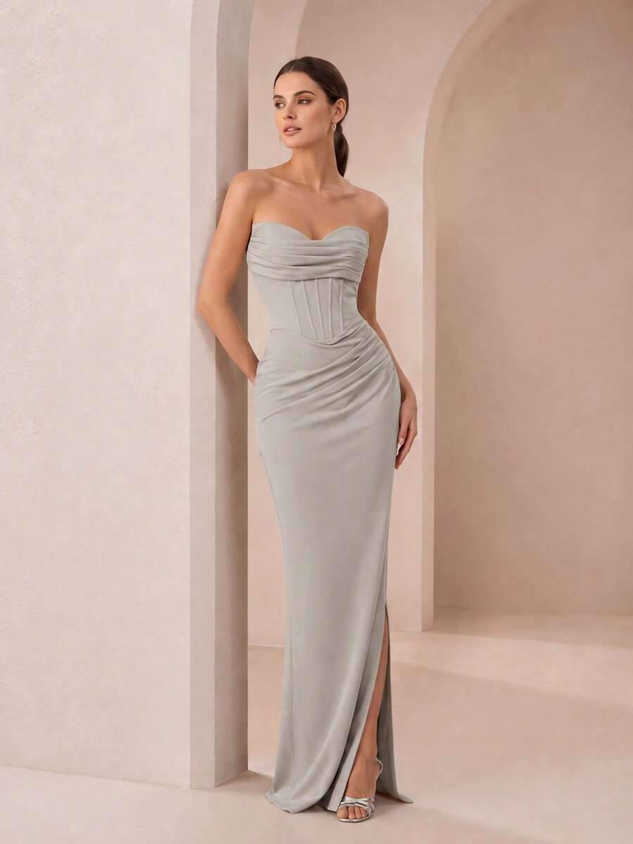 VIPGIRL Elegant Women's Strapless Backless Maxi Dress, Slit Design, Zipper Style, Suitable For Party Or Formal Occasions - Light Grey - View 1