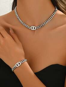 1 Set Stainless Steel Chain Necklace & Bracelet For Women, Neutral High-End Minimalist Elegant Party & Holiday Decorative - Yellow Gold - View 13
