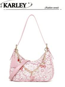 2026新款時尚經典百搭字母圖案裝飾純色PU布料肩背包 半月包，適合購物與街頭穿搭，百搭半月包，Y2K腋下肩背包，辣妹包，兩條可替換肩帶，可手提、肩背或斜背 - 粉色 - 查看 8