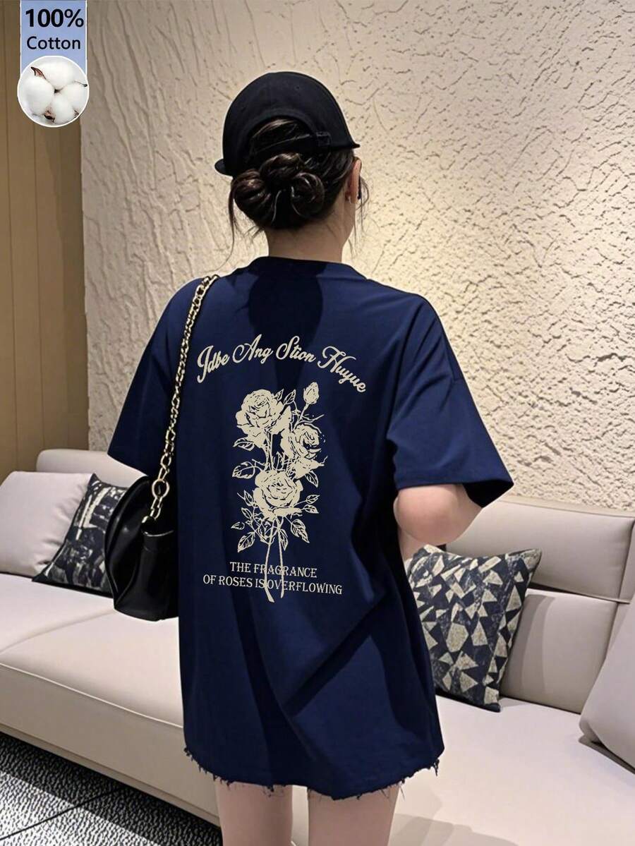 Women's Round Neck Loose Versatile Simple Letter & Rose Flower Print Short Sleeve T-Shirt, Spring/Summer Casual - Navy Blue - View 1