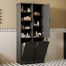 78 X 35 X 172 Cm Bathroom Cabinet, Moisture-Resistant Paint, Full Coating, Double Laundry Basket, Four Open Compartments, One Door, Three Compartments In The Door, Adjustable Shelves, Ample Storage Space, White - Black - View 10