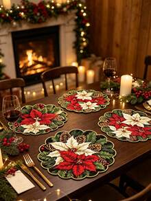 8pcs/4pcs/1pc Round Placemats, Winter Floral And Pine Cone Pattern, Suitable For Christmas Party Decoration, Theme Party, Christmas Dinner, Vintage Style Party - One Size Fits All - View 11