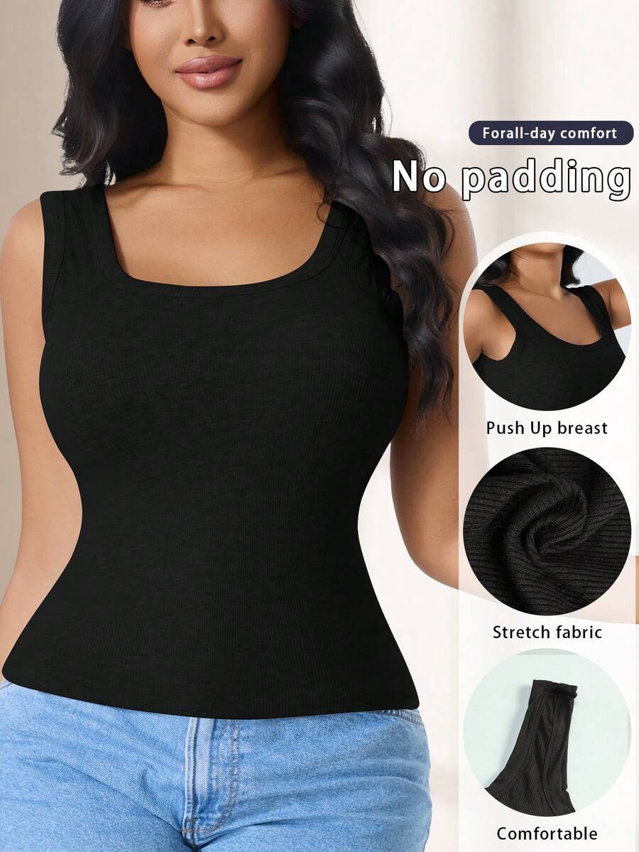 CELILIN Wide Strap Non-Digging Square Neck Ribbed Waist Tank Top With Built-In Padding, Slimming Versatile Base Layer - Black - View 1