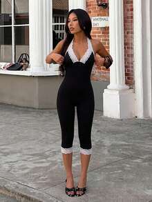 Women's Summer Contrast Lace Fashion Halter Neck Fitted Jumpsuit, Suitable For Running, Fitness, Travel, Vacation And Beach - Black - View 12