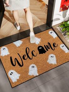 1pc Funny Halloween Ghost Welcome Print Doormat, Halloween Theme Yard Decor, Autumn Garden Welcome Mat, Outdoor Garden Decoration, Home Decor - Mustard Yellow - View 2