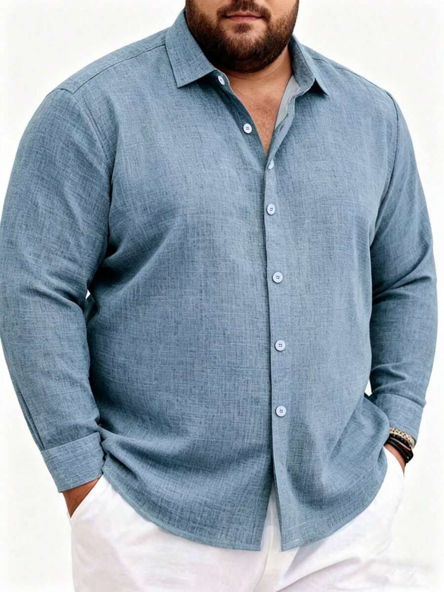 男士印花长袖宽松休闲衬衫,大码百搭新款工作服 - 淺色水洗藍 - 查看 1