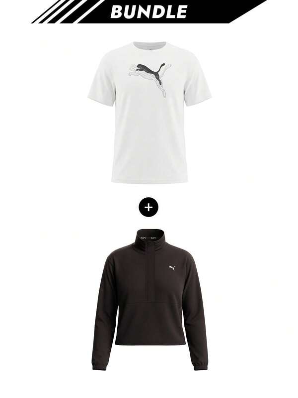 [Conjunto] T-shirt Feminina PUMA SHAPE Evostripe Relaxed com Gráfico Branco + Casaco Feminino Smash Run Evolve com Zíper 1/4 Preto