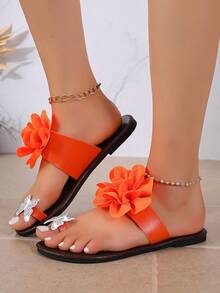 Women's 3D Floral Toe-Post Sandals, Flat Rhinestone Butterfly Pattern Flip-Flops, Summer Vacation Beach Casual Sandals - Orange - View 6