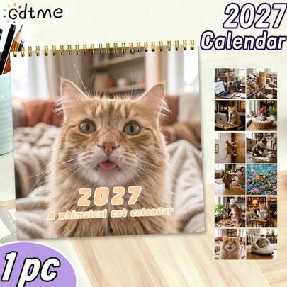2027 Funny Cat Photo Calendar, Humorous Lifestyle Kitten Wall Hanging Monthly Planner, Suitable For Home And Office Space, Ideal Holiday Gift For Father's Day, Halloween, Christmas, Can Be Hung Or Placed On Desk, Christmas, Xmas