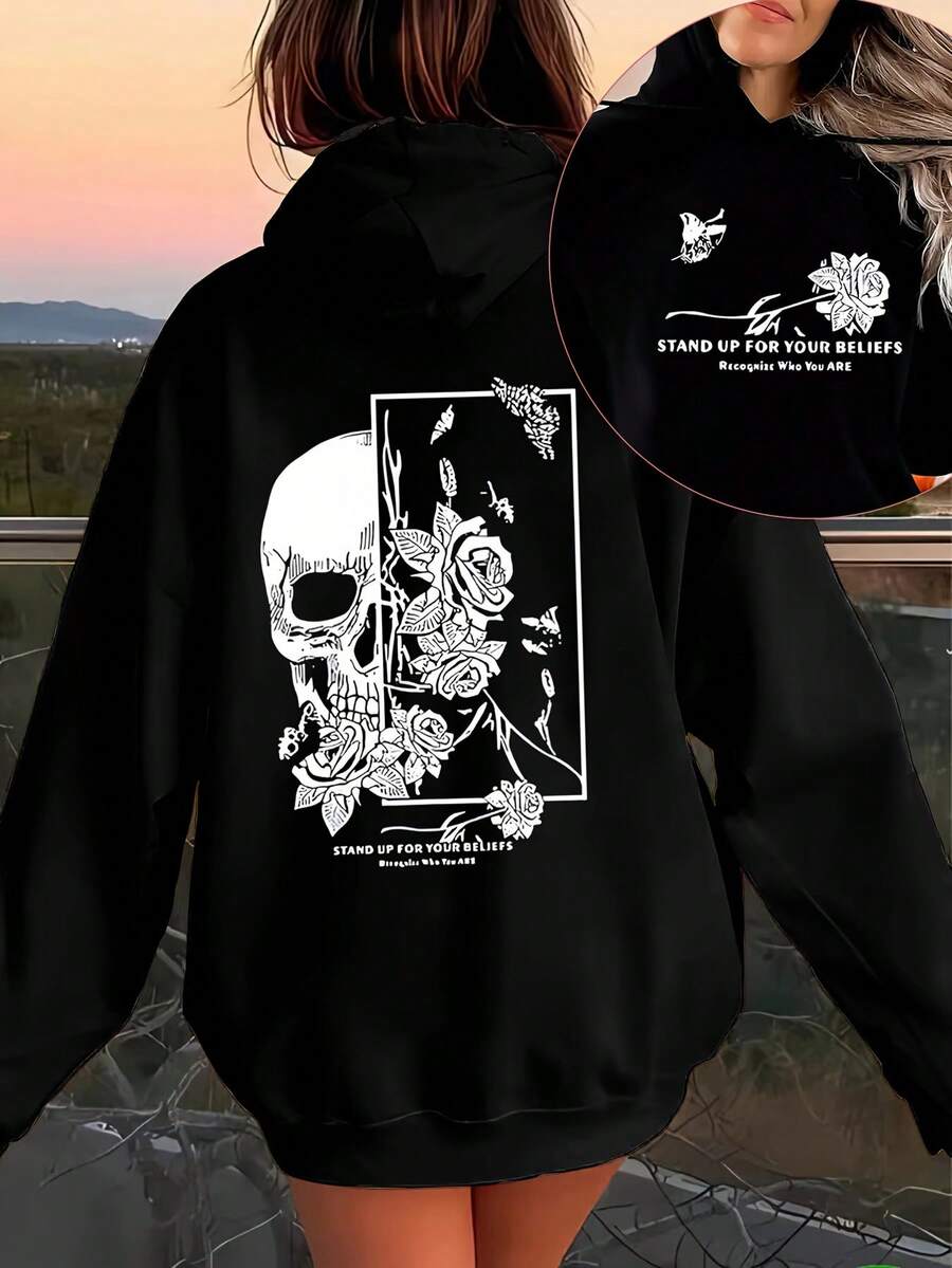1PC Women's Fashion 100% Cotton Hoodie, 270g Heavy Cotton,  Brand Retro Street Print Fashion Hoodie, Women's Drawstring Hoodie With Drawstring - Black - View 1
