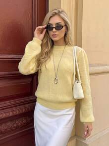 Nicenter كنزة نسائية من الصوف المخلوط باللون الأصفر الشاحب للخريف والشتاء، بتصميم مضلع محبوك، بياقة دائرية وأكمام طويلة منتفخة، فضفاضة، ناعمة الملمس ودافئة، ملابس علوية محبوكة كاجوال للاستخدام اليومي - أصفر - مشاهدة 9