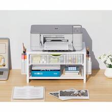 Marbrasse 2-stufiger Druckerständer, Monitor-Aufbewahrungsständer mit Schublade und 2 Stifthaltern, Metall-Büro-Organizer, Schreibtisch-Organizer für Fax, PC, Scanner (Weiß) YT2Y - Weiß - Übersicht 7