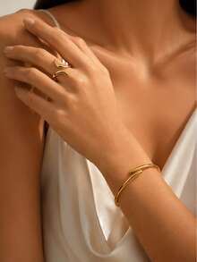 2pcs Minimalist Fashion Elegant Style Asymmetrical Geometric Stainless Steel Women's Jewelry Set Suitable For Daily Wear/Party/Evening/Commute/Holiday Gift - Yellow Gold - View 5