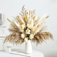 人造芒草花束，香檳色仿真玫瑰與金色球草，鄉村波希米亞風花卉裝飾，適用於居家裝飾、婚禮中心裝飾與活動 - 不含花瓶 - 香檳微風 - 查看 4