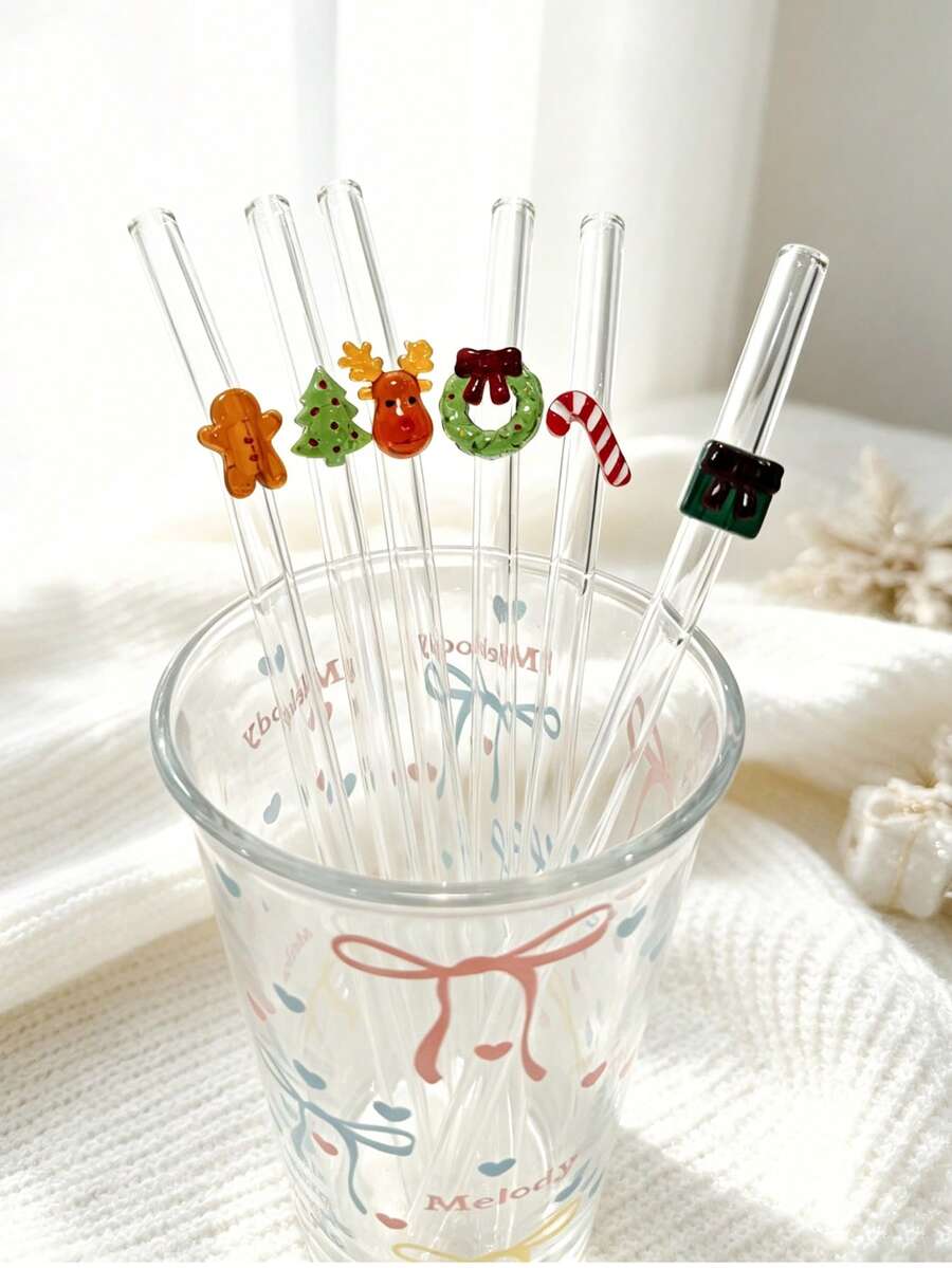 4/6Pcs Shatter Resistant Thick Borosilicate Reusable Glass Straws Set With Assorted Christmas Cartoon Charm,Cartoon Straight Clear Party Glass Drinking Straw, Straw Topper For Kitchen Accessories,Cold Drinks,Milk Tea,Coffee,Juice,Bar,Home,Restaurants - View 1