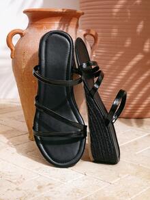 Mules compensées espadrilles noires à fines brides multiples - Noir - Voir 6