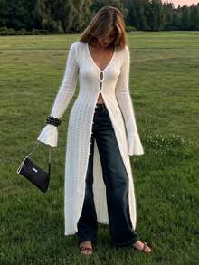 Cardigan largo maxi de punto calado blanco para otoño, cuello en V, un solo botón, mangas acampanadas, transparente, abierto por delante, abrigo tipo duster para capas - Blanco - Ver 6