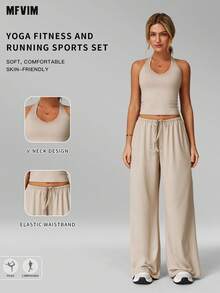 MFVIM Women's 2-Piece Sports Set, Yoga Halter Top And Wide-Leg Casual Pants, Breathable, Soft, And Comfortable, Perfect For Daily Wear - Linen - View 2