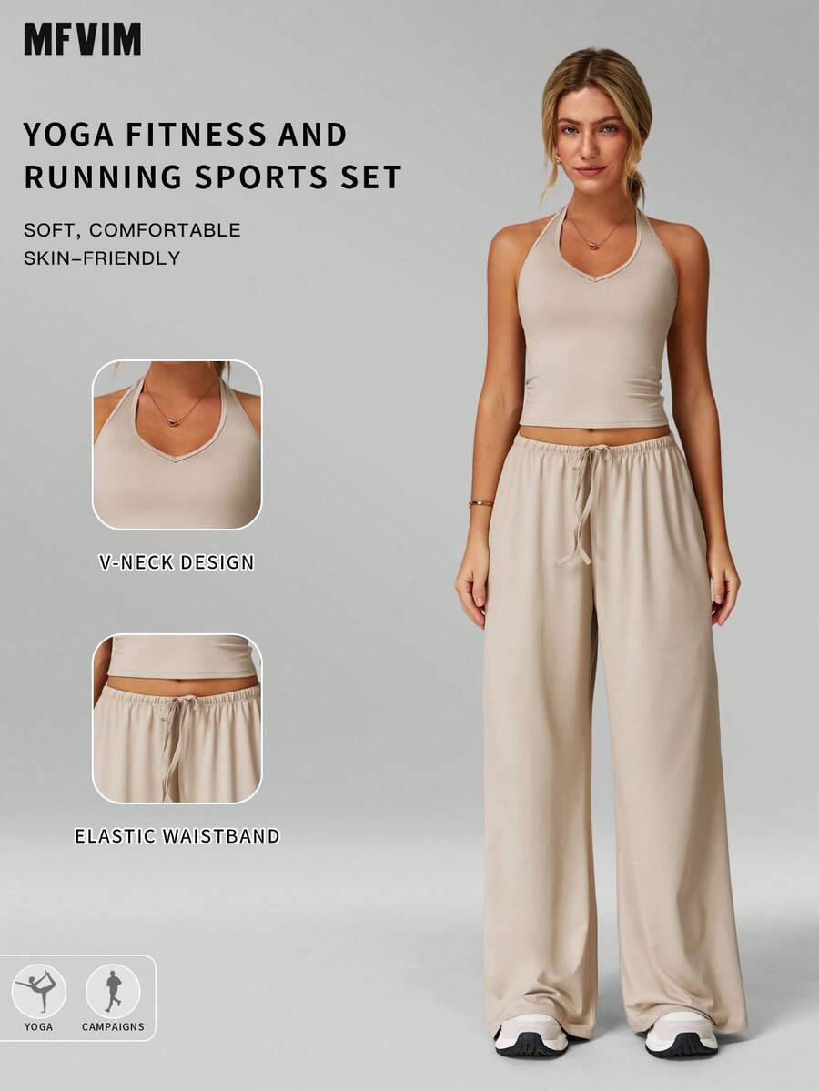 MFVIM Women's 2-Piece Sports Set, Yoga Halter Top And Wide-Leg Casual Pants, Breathable, Soft, And Comfortable, Perfect For Daily Wear