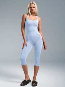 NcmRyu Women's 1pc Solid Color Seamless Halter Backless Sports Bodysuit - Baby Blue - View 4