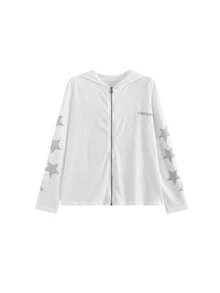 American Retro Star Rhinestone Hooded Sun Protection Cardigan Jacket Women's New Loose Fashion Casual Top (Random Print) - White - View 7
