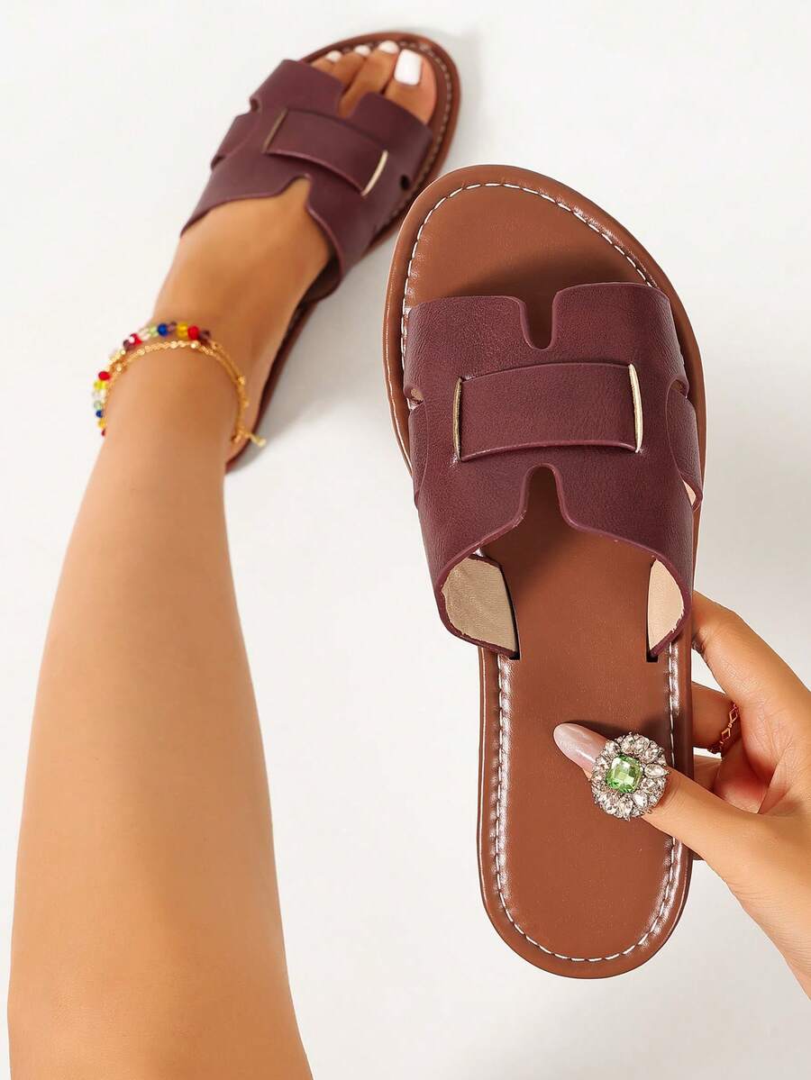 Ximi Ruo Korean Style Casual Flat Slide Sandals For Women, Open Toe Woven Roman Slippers, Summer Spring Autumn New Fashion French Style Brown Flat Shoes For Outdoor Wear, Beach, Apartment, Matching With Skirts - Red - View 1