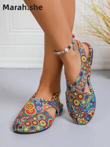 PWIIMG Women's Bohemian Vintage Style Elastic Strap Flat Sandals, Fashion Cross Strap Colorful Random Print Pattern Summer Sandals, Closed Toe Hollow Out Sandals, Casual Vacation Beach Shoes, Women's Sports Sandals, Lightweight Comfortable Summer Commute Cloth Shoes, Indoor Home Wear, Street, Outdoor Walking, Commuting - Multicolor - View 7