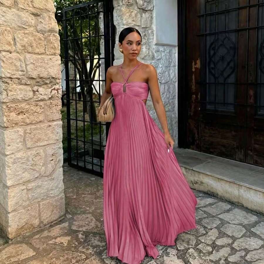 Summer New European And American Pure Color Strapless Pleated Sleeveless Dress - 粉紅色 - 查看 1