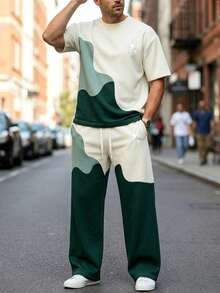 Men's Autumn/Winter Fashion Versatile Colorblock Wavy Wide Leg Pants & Short Sleeve Top Set - Multicolor - View 5