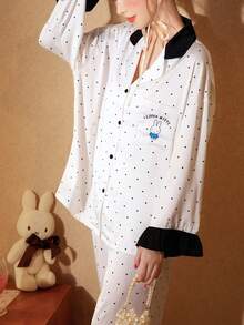 Gongdie 2pcs Set Piyama Wanita Miffy, Pakaian Santai Lembut dan Halus Warna Putih Musim Semi/Musim Gugur, Motif Polkadot Hitam, Hem Berumbai - Putih - View 5