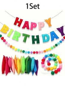 Pre-Strung Happy Birthday Banner Set With Rainbow Felt Pom Poms, Reusable Birthday Celebration Party Decoration - Happy Colorful Birthday - View 6