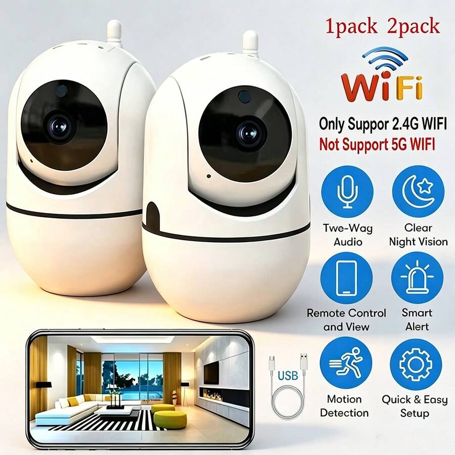 1-2pcs 1080P HD Camera, Home/Pet Monitoring Camera, With Mobile App, WiFi Camera, Suitable For Home Security, Two-Way Audio, Motion Detection, Person Tracking, Security Surveillance Camera - White - View 1