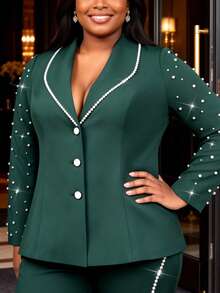Plus Size Women Dark Green Tailored Blazer Jacket Lapel Collar Long Sleeves Pearl Chain Button Elegant Office Work Wear Fall Winter Coat Wedding Party - Dark Green - View 10