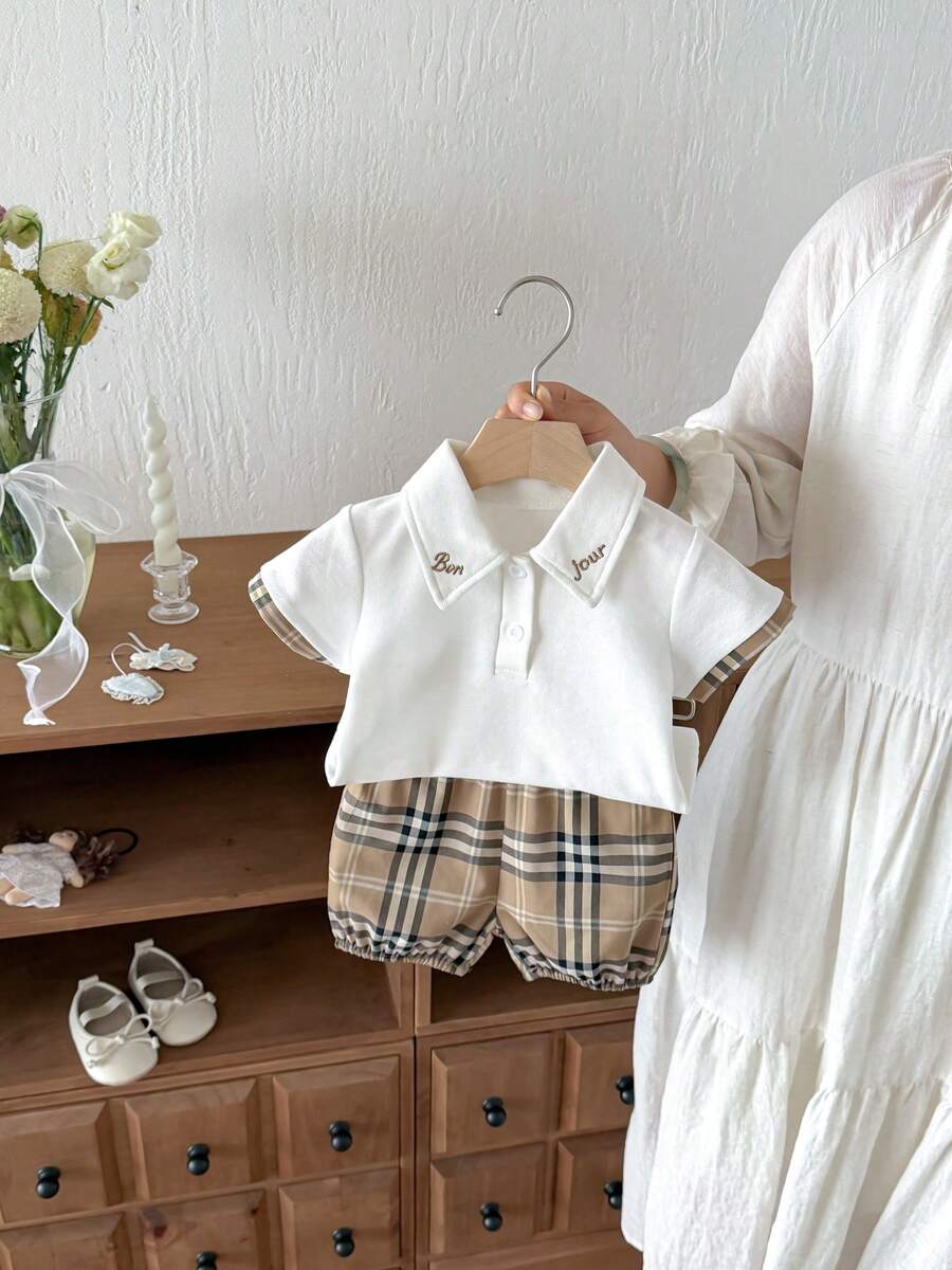 Miniweenns Unisex Baby & Toddler Back To School Summer Letter Embroidered Polo Collar Set, White & Brown Plaid Short Sleeve Top + Shorts 2-Piece Outfit