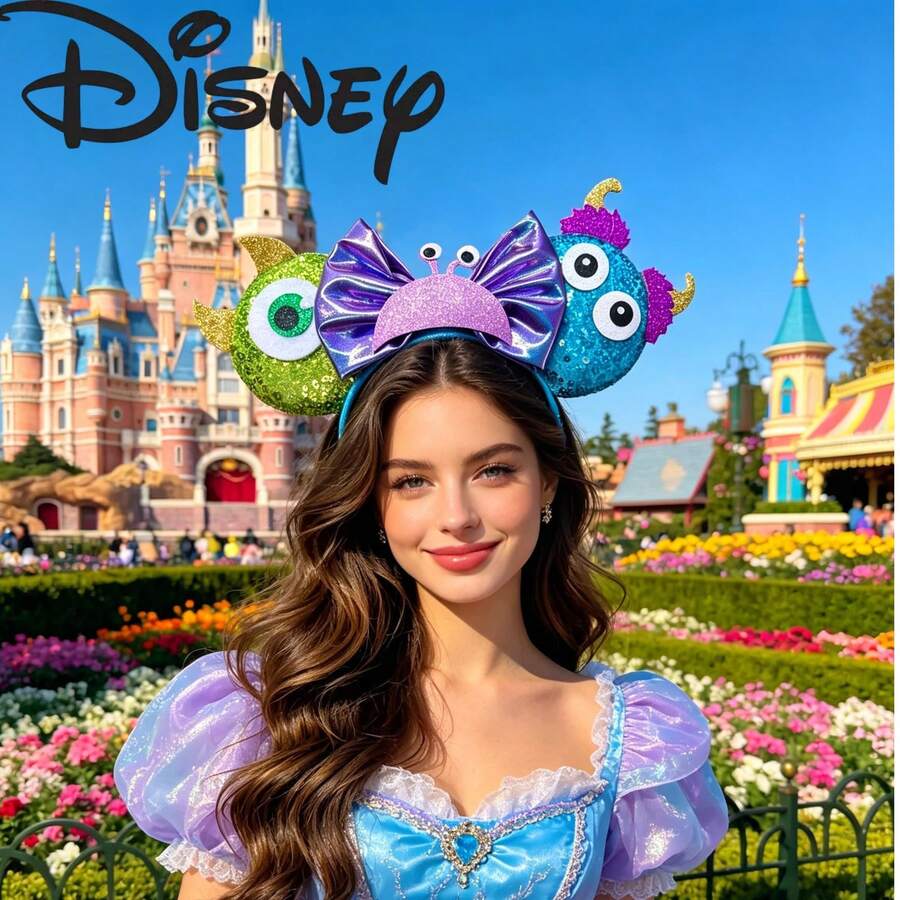 Disney Monsters Inc 紫色幻彩蝴蝶結米妮耳朵頭箍,Mike Sulley 怪獸造型,適合主題樂園與萬聖節 - 彩色 - 查看 1