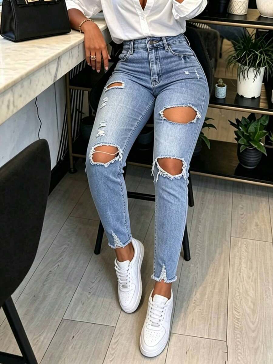 Elegant Ripped Tapered Denim Jeans For Women Light Wash, Raw Hem, And Pockets, Ideal For Fall Outfits - Light Wash - View 1