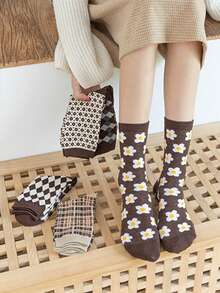 5 Pairs Women's Brown Argyle Round Toe Mid-Calf Socks, Soft Vintage Preppy Casual Socks, Suitable For Autumn Campus Daily Wear And Gifting - Multicolor - View 3