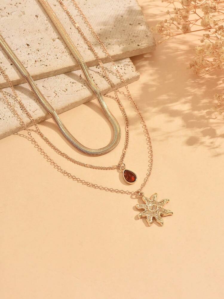 3pcs/Set Casual Fashion Sun Pendant With Amber Water Drop Pendant Decorative Necklace Set, Gold Color Women's Neck Jewelry, Suitable For Daily Wear, Date, Party, Music Festival, Handmade Chain Cut By Length, Number Of Sections Not Fixed - Multicolor - View 3