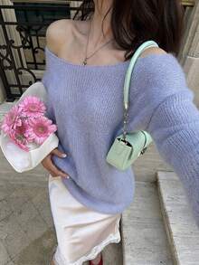 Sweater Pullover Rajut Bahu Terbuka Wanita, Atasan Rajut Bergaris Asimetris Lengan Panjang, Elastisitas Sedang, Panjang Reguler, Cocok untuk Musim Semi dan Gugur - Mauve Purple - View 4