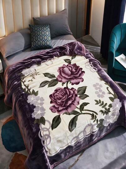 1pc Christmas Floral & Plant Pattern Raschel Blanket, Nordic Style Polyester Fiber Blanket, Suitable For Bed, Sofa, Home, Bedroom, Hotel, Autumn/Winter, Thick & Warm