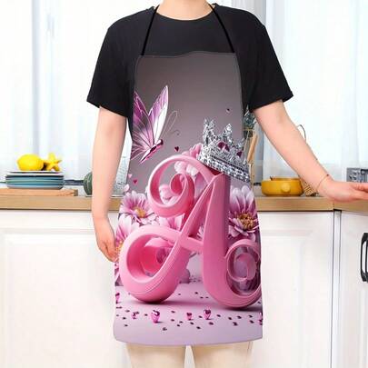 1pc Elegant Pink Apron With Crown And Butterfly Print For Kitchen Cooking Party Decor And Gift Use